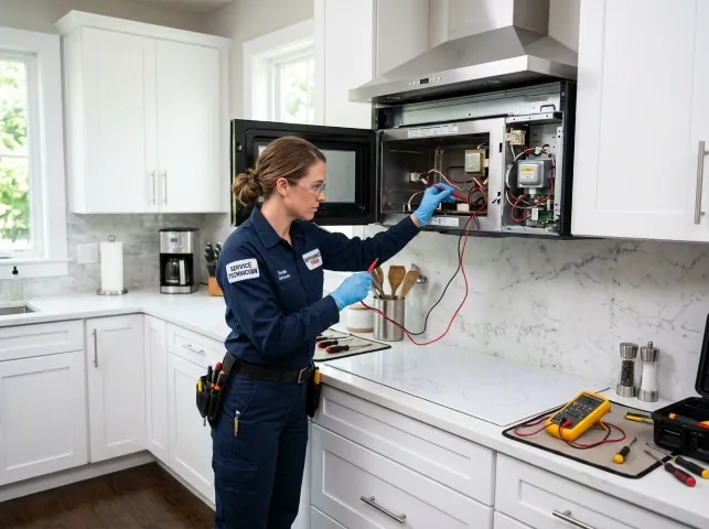 Appliance Repair Hero technician testing an over-the-range microwave in a Boulder Creek, CA kitchen